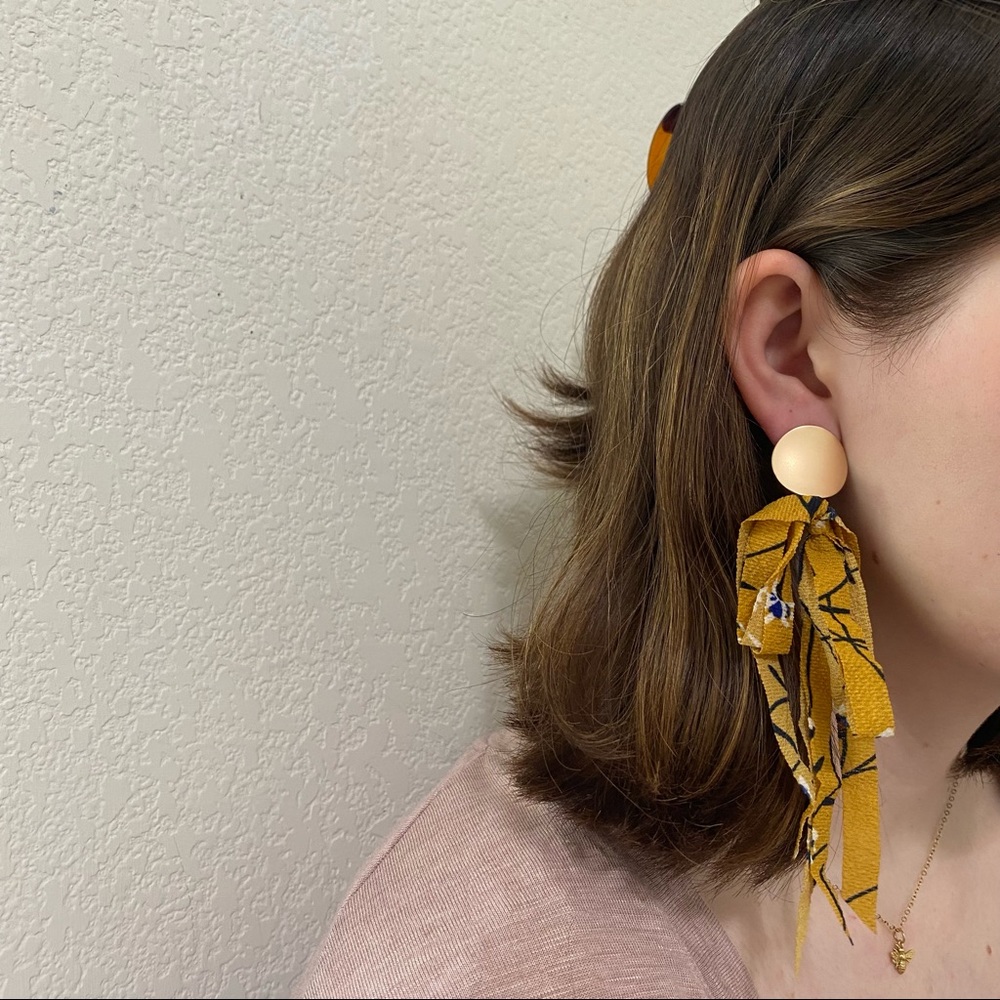 Floral Fabric Ribbon Earrings Metal Stud - Picture 3 of 12